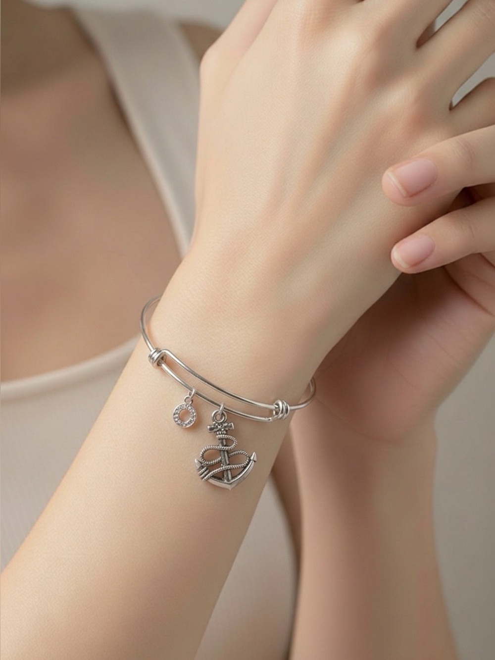 Silver Anchor Charm Bangle Bracelet - Women Jewelry